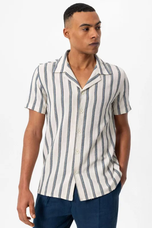 Men's Indigo Striped Camp Collar Shirt - Wessi sold by Wessi