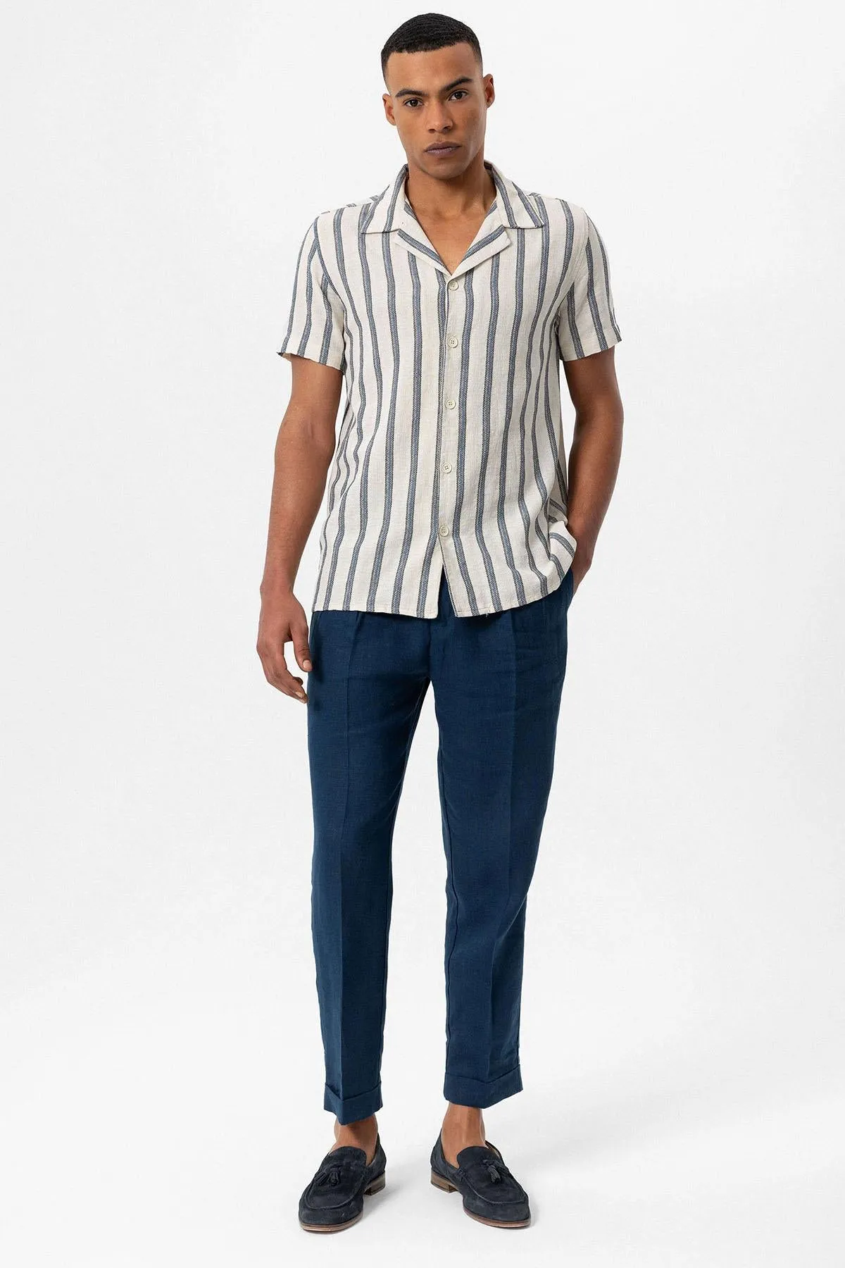 Men's Indigo Striped Camp Collar Shirt - Wessi sold by Wessi product image thumbnail 3