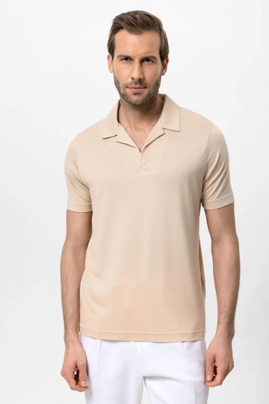 Men's Beige Camp Collar Regular Fit  T-Shirt - Wessi sold by Wessi
