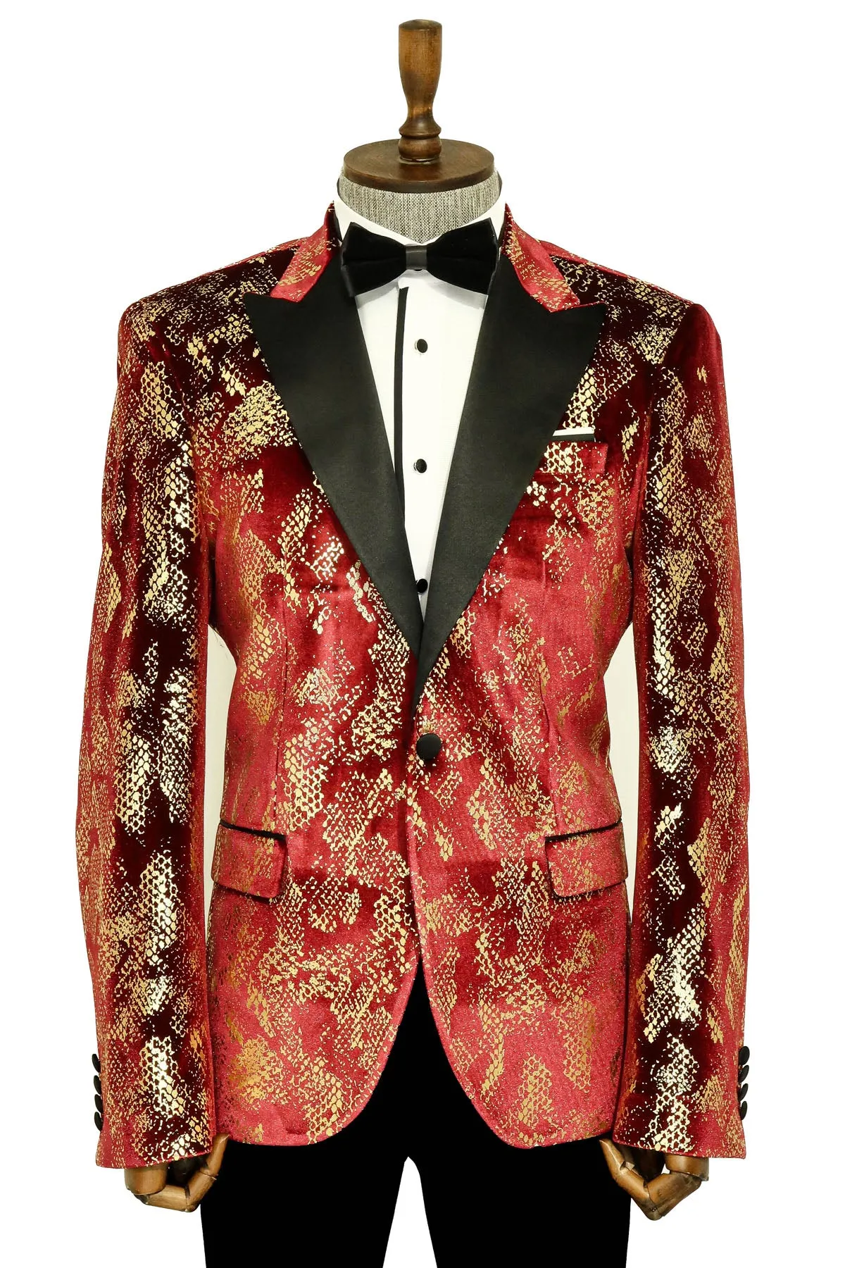 Peak Lapel Slim Fit Gold Patterned Burgundy Men Party Blazer - Wessi sold by Wessi