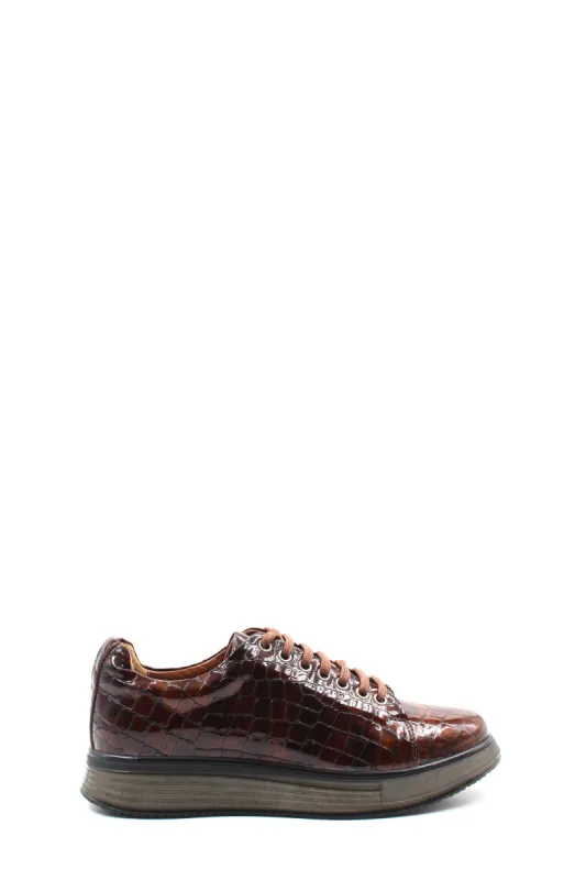 Men's Brown Crocodile Embossed Leather Sneakers with Cushioned Sole and Lace-Up Closure - Wessi sold by Wessi
