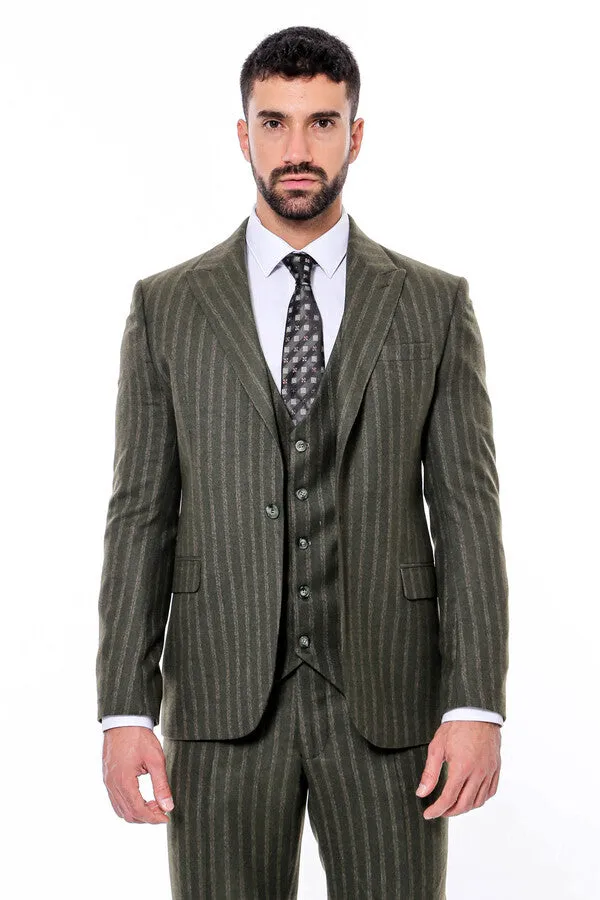 Green Striped Slim-Fit Vested Suit - Wessi sold by Wessi product image thumbnail 4