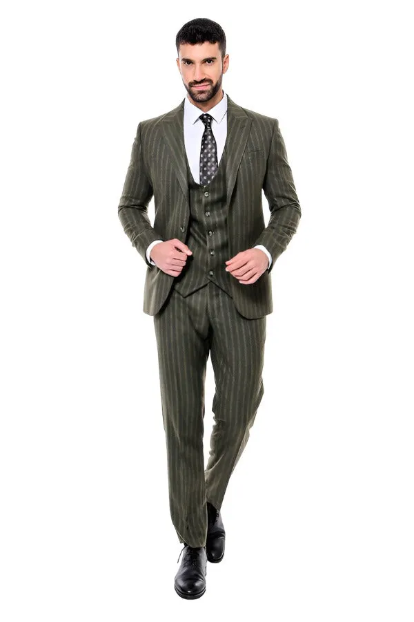 Green Striped Slim-Fit Vested Suit - Wessi sold by Wessi product image thumbnail 2