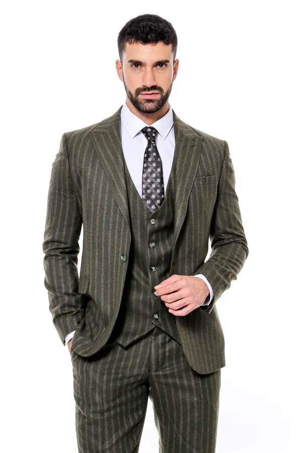 Green Striped Slim-Fit Vested Suit - Wessi sold by Wessi