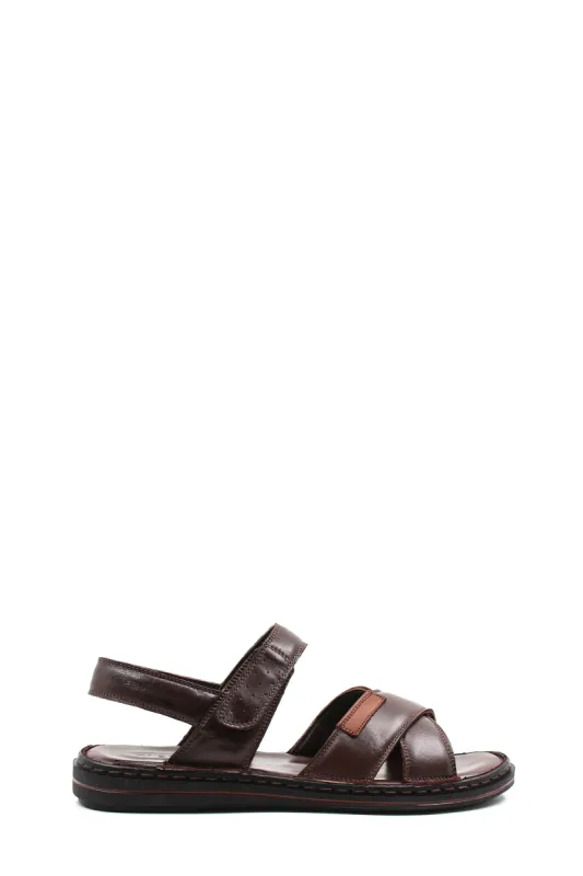 Men's Brown Leather Sandals with Cross Straps and Cushioned Footbed - Wessi sold by Wessi