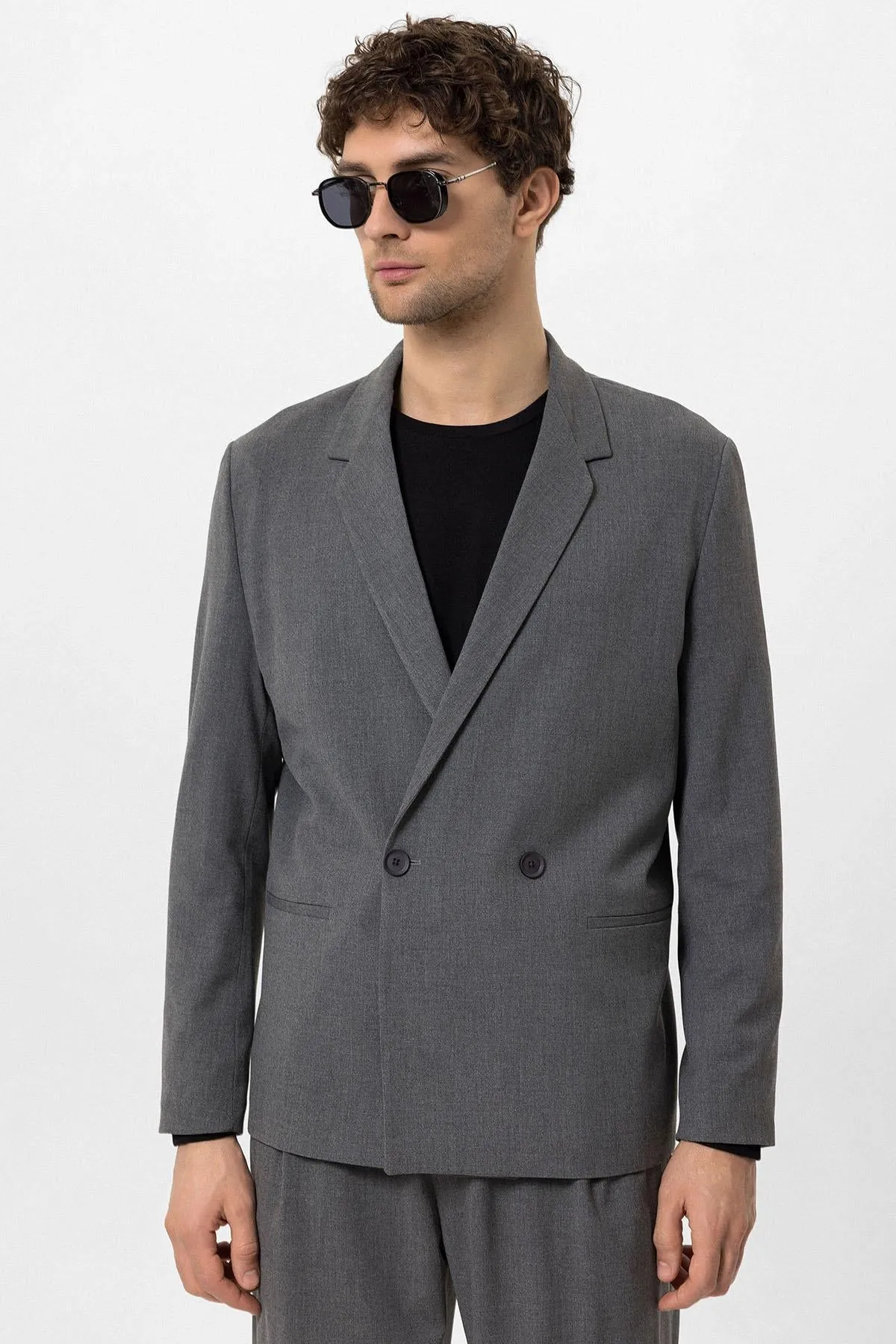Men's Grey Single-Button Double-Breasted Blazer - Wessi sold by Wessi