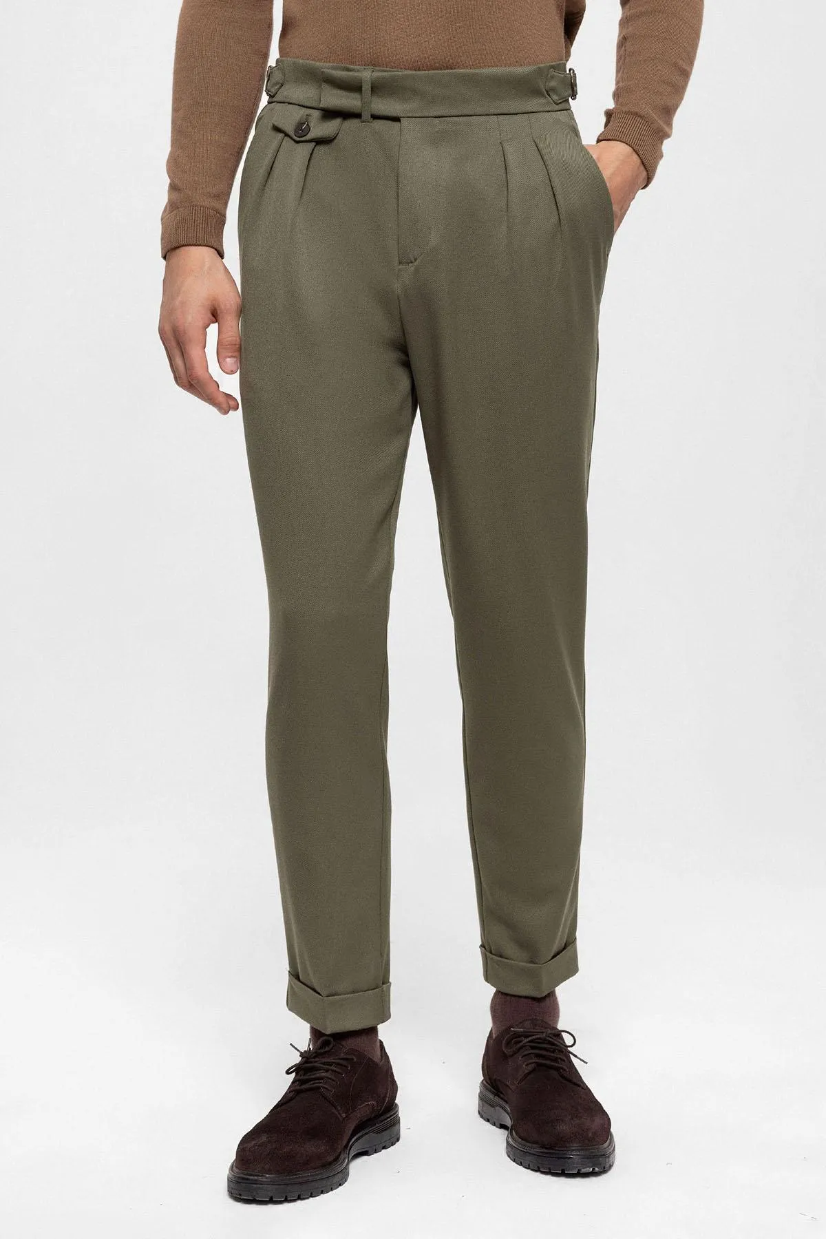 Khaki High Waist Pleated Men's Trousers - Wessi sold by Wessi product image thumbnail 3