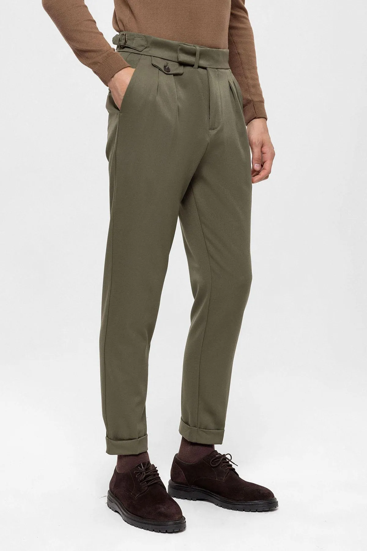 Khaki High Waist Pleated Men's Trousers - Wessi sold by Wessi product image thumbnail 5