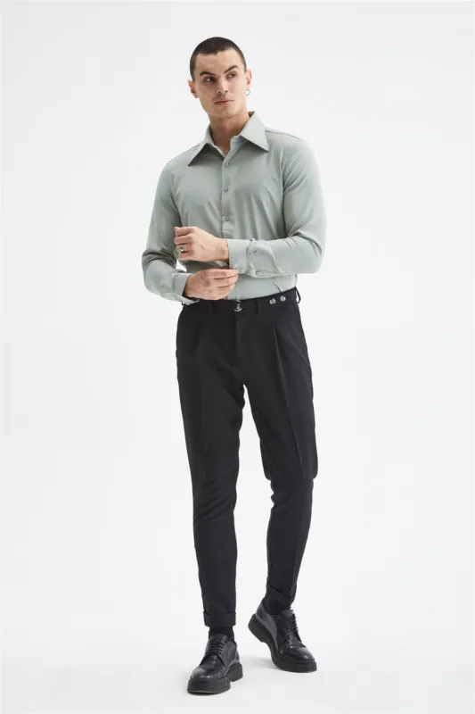 Light Khaki Slim Fit Men's Long Sleeve Wide Collar Shirt - Wessi sold by Wessi