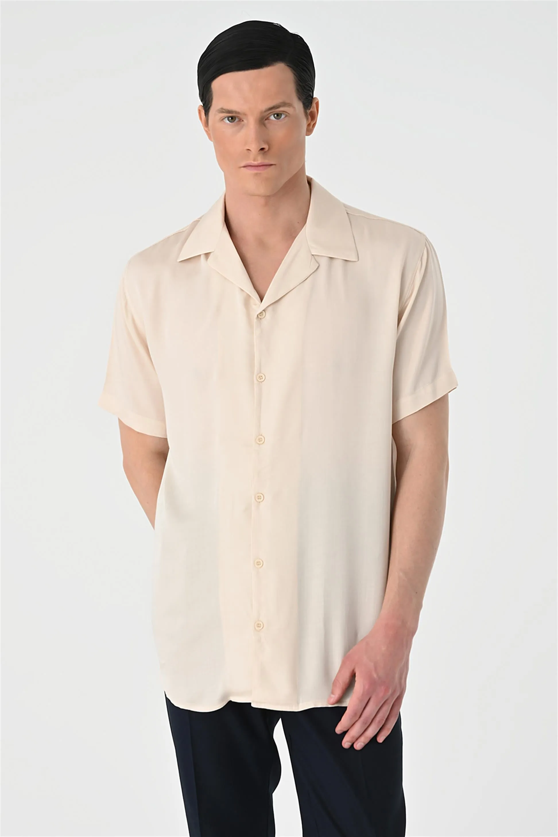 Men's Beige Open Collar Oversized Short Sleeve Shirt - Wessi sold by Wessi product image thumbnail 5