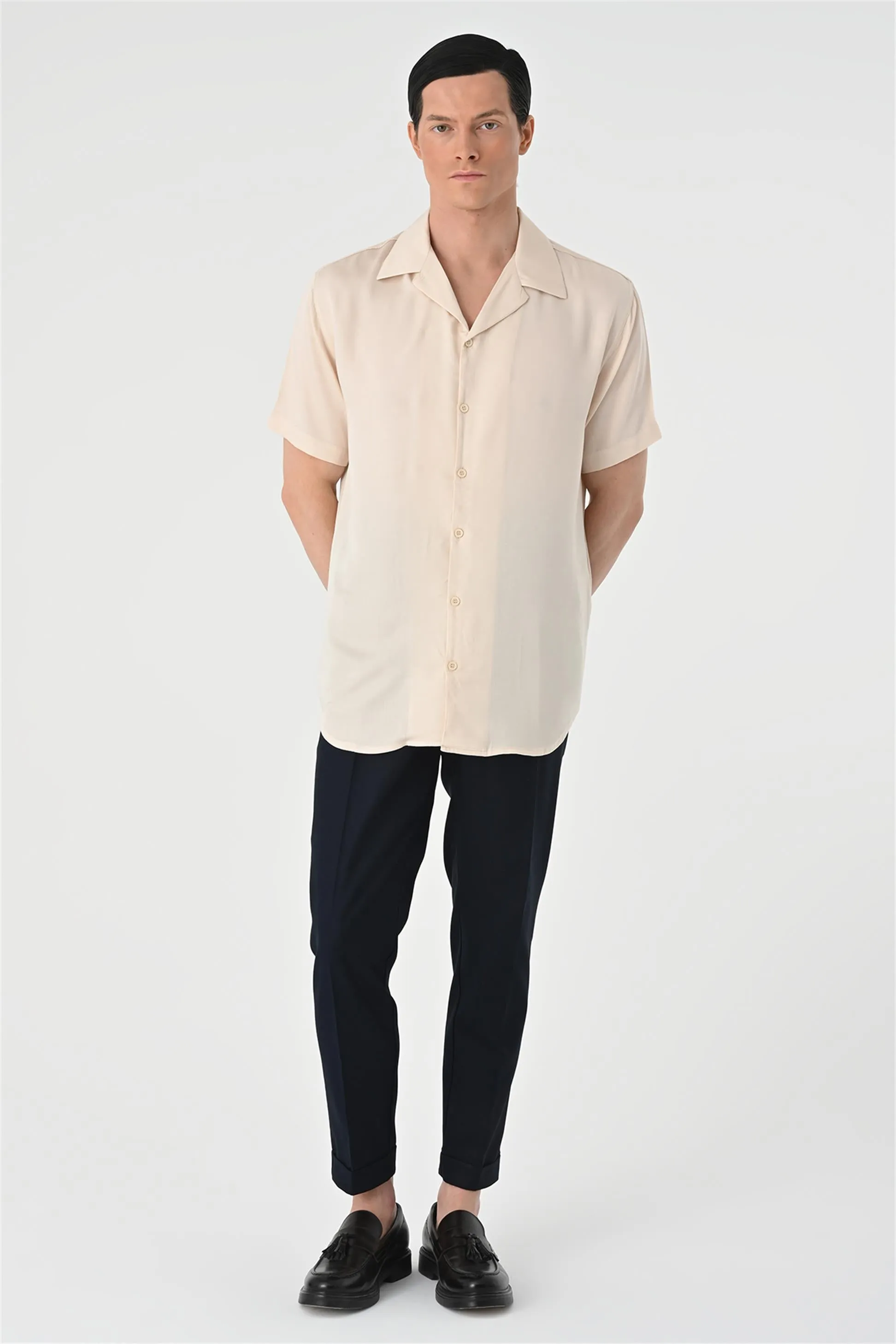 Men's Beige Open Collar Oversized Short Sleeve Shirt - Wessi sold by Wessi product image thumbnail 2