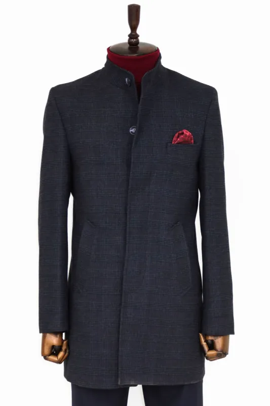 Standing Collar Checked Navy Blue Men Coat - Wessi sold by Wessi
