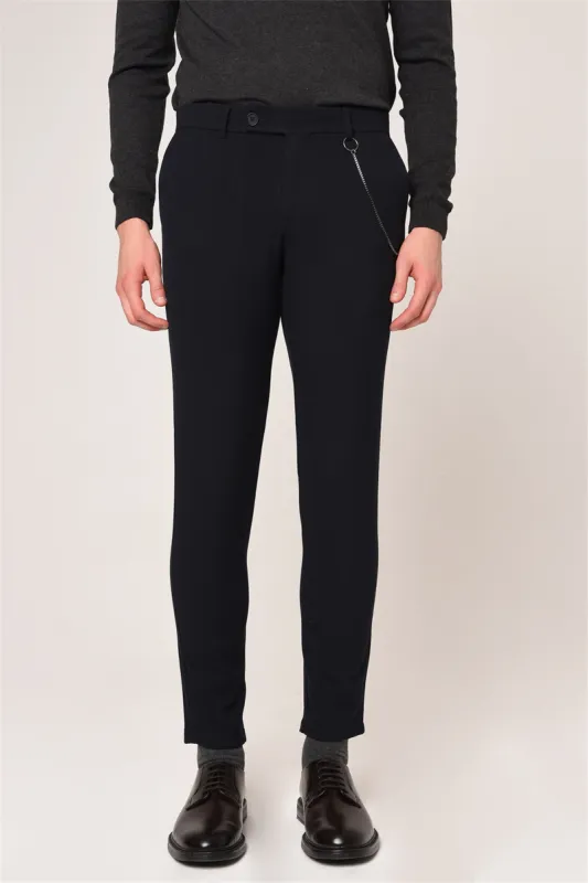 Men's Dark Navy Blue Slim Fit Straight Accessory Fabric Trousers - Wessi sold by Wessi