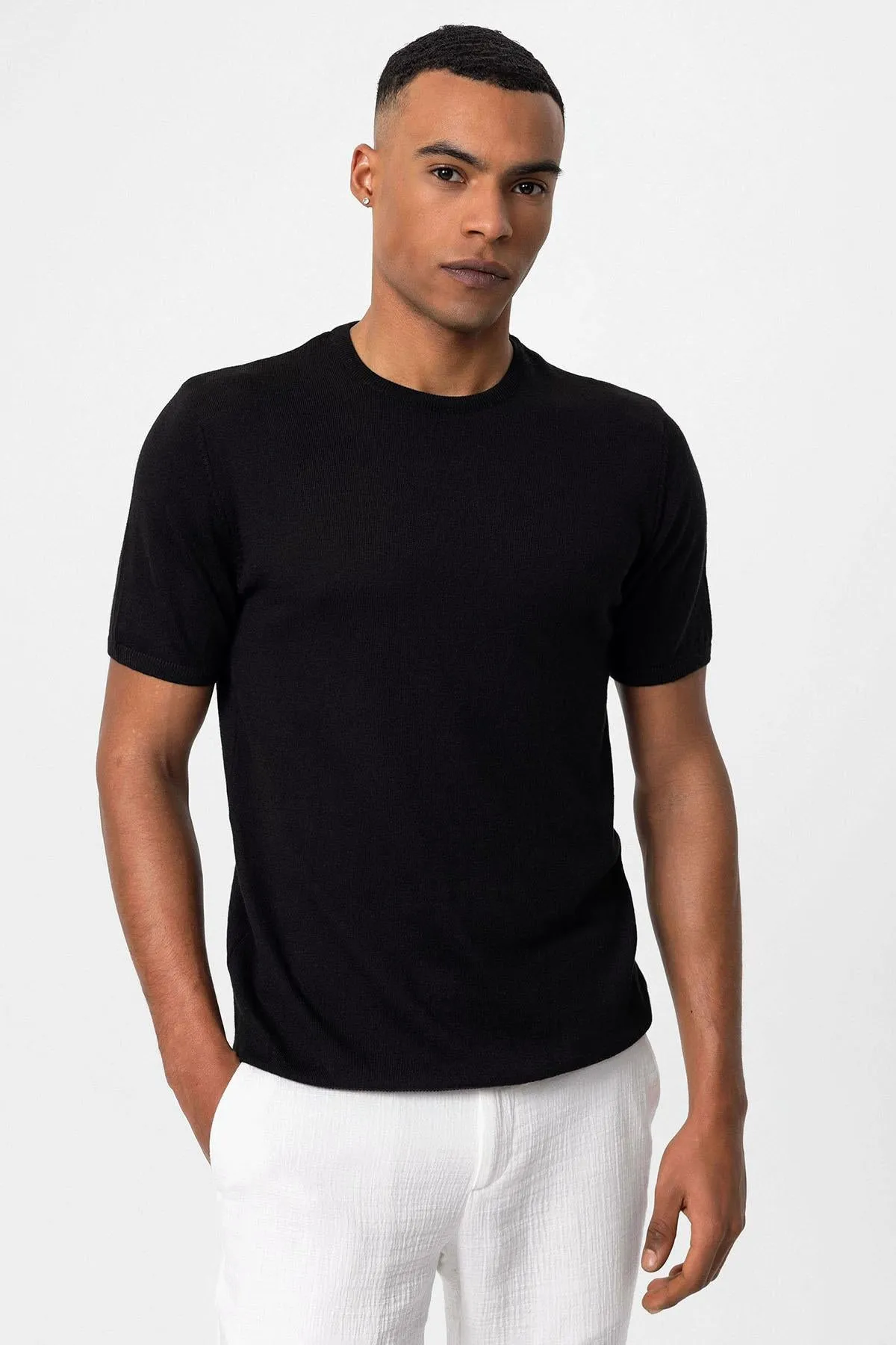 Men's Black Crew Neck Knit T-Shirt - Wessi sold by Wessi