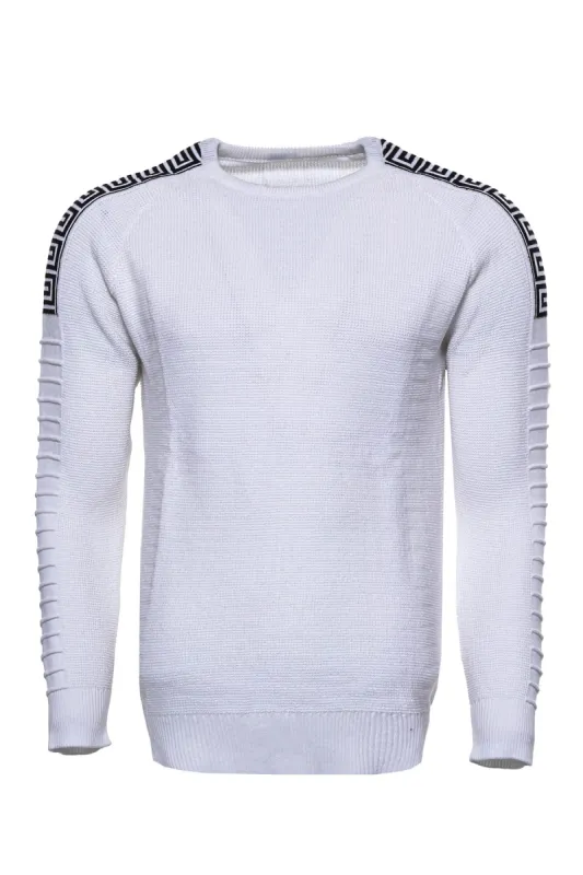 Crew Neck Knitwear Arms Patterned Over White - Wessi sold by Wessi