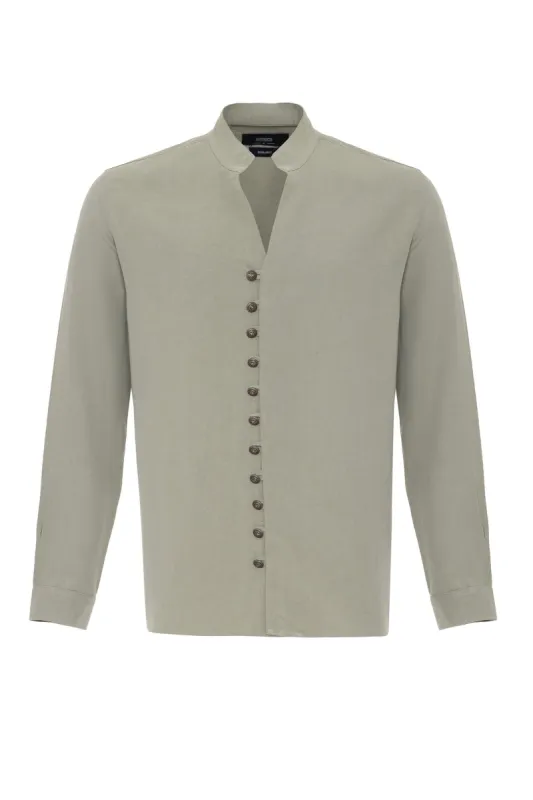 Light Khaki Button Detailed Stand Up Collar Men's Shirt - Wessi sold by Wessi