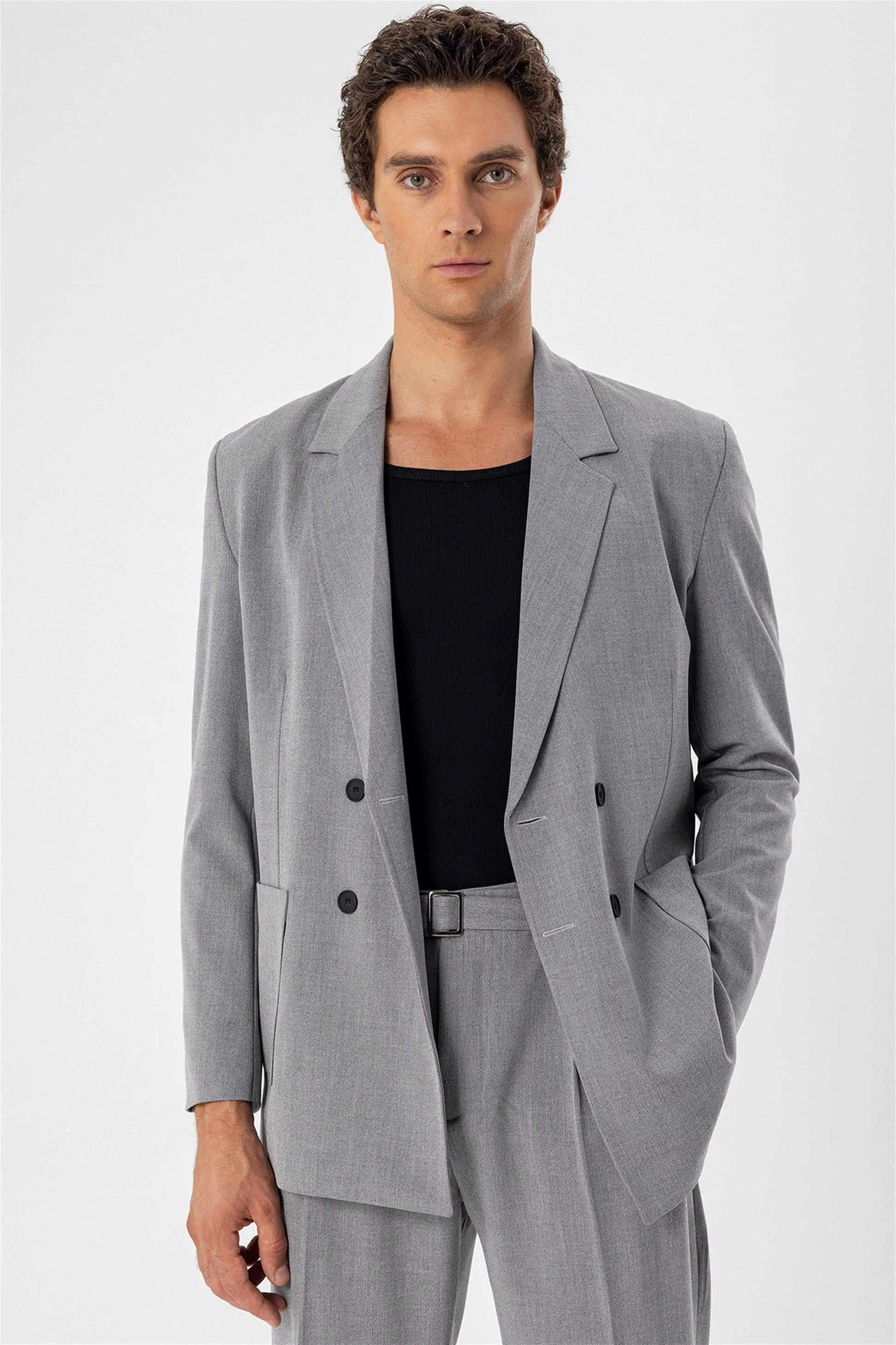 Men's Grey Double Breasted Blazer Jacket with Bag Pocket - Wessi sold by Wessi product image thumbnail 2