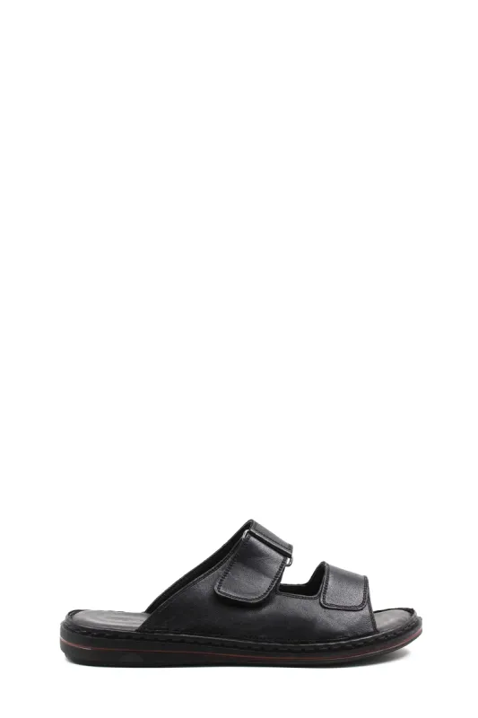 Men's Black Leather Open-Toe Slippers with Adjustable Straps - Wessi sold by Wessi