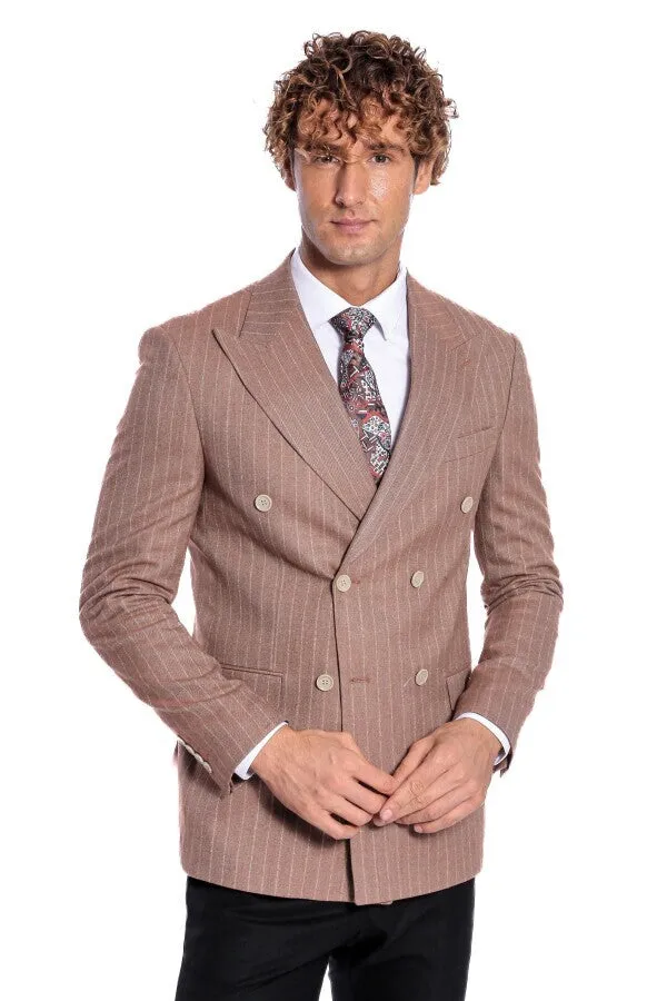 Striped Double Breasted Beige Men Blazer - Wessi sold by Wessi