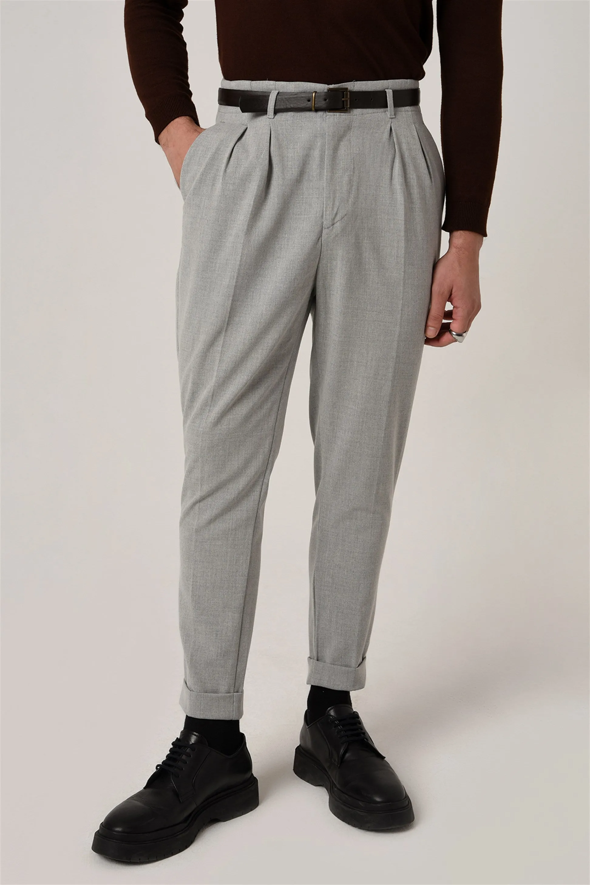 Men's Light Grey High Waist Belted Trousers - Wessi sold by Wessi