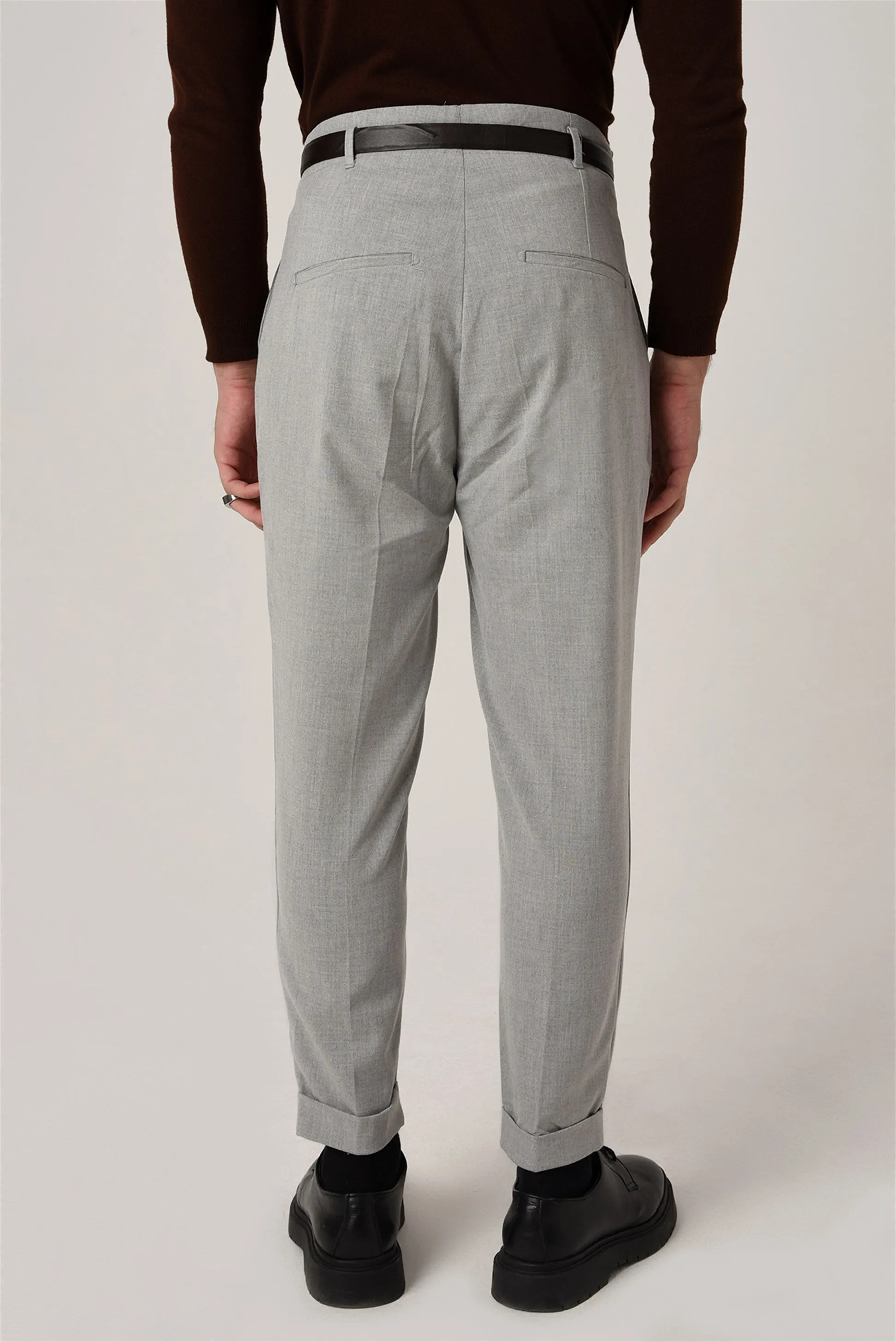 Men's Light Grey High Waist Belted Trousers - Wessi sold by Wessi product image thumbnail 2