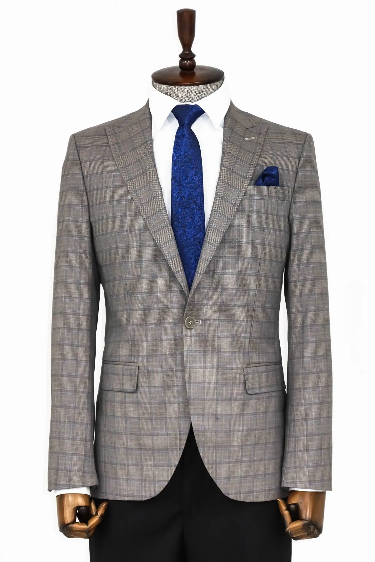 Slim Fit Peak Lapel Checked Grey Men Blazer - Wessi sold by Wessi