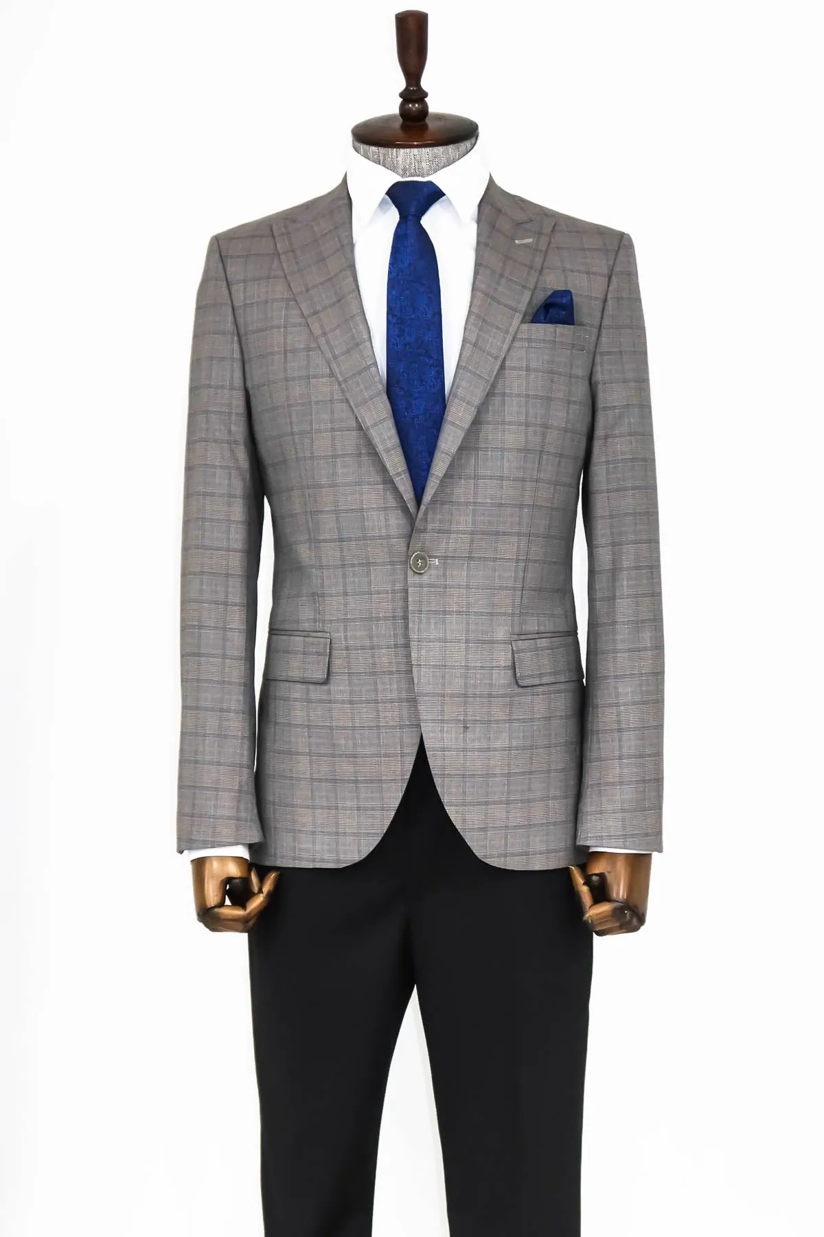 Slim Fit Peak Lapel Checked Grey Men Blazer - Wessi sold by Wessi product image thumbnail 3