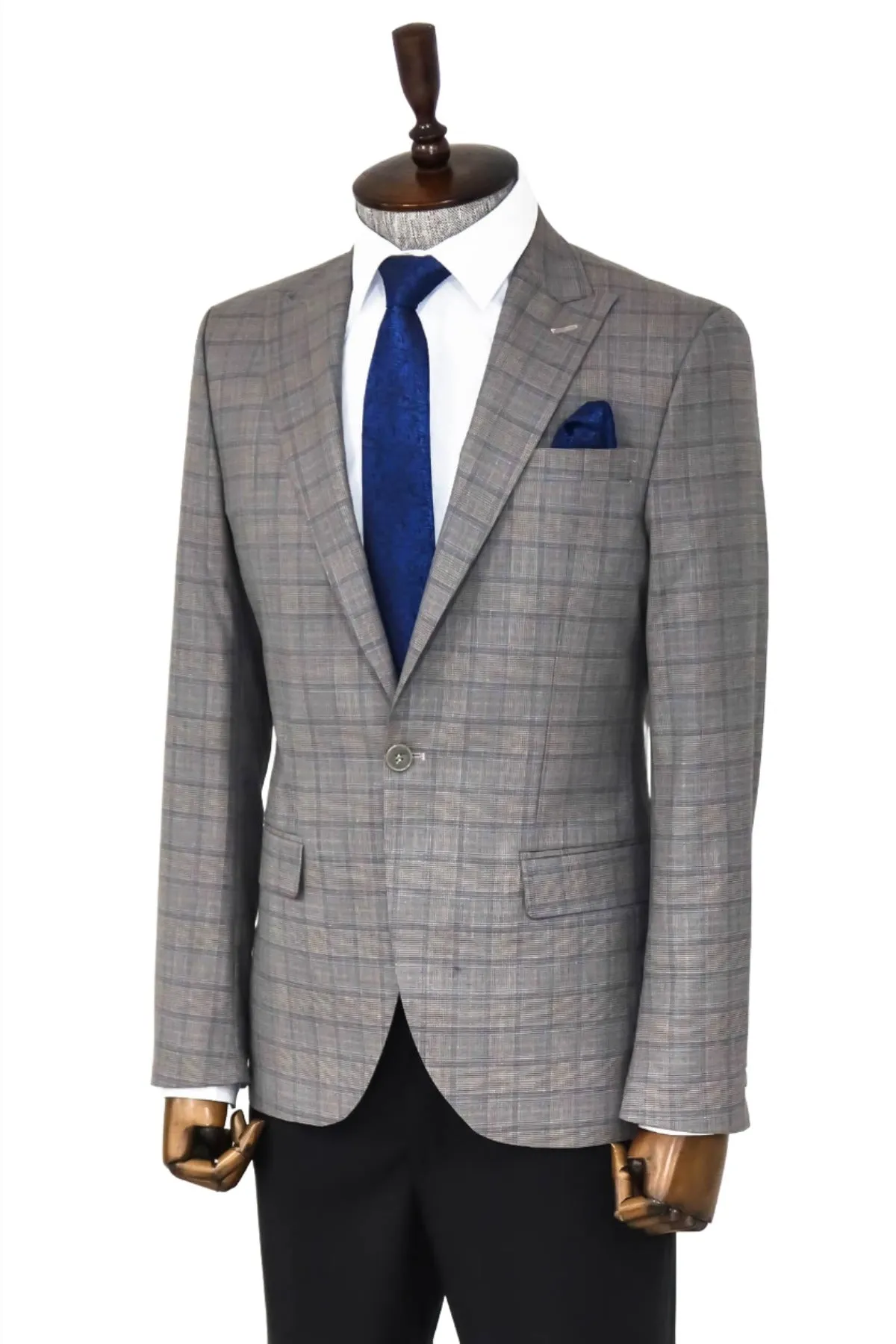 Slim Fit Peak Lapel Checked Grey Men Blazer - Wessi sold by Wessi product image thumbnail 4