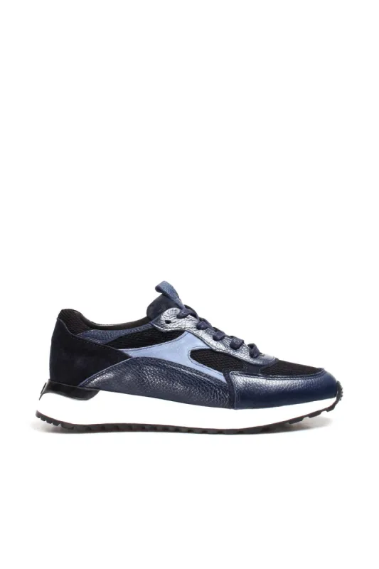 Men's Navy Blue Mesh and Leather Lace-Up Sneakers with White Sole - Wessi sold by Wessi