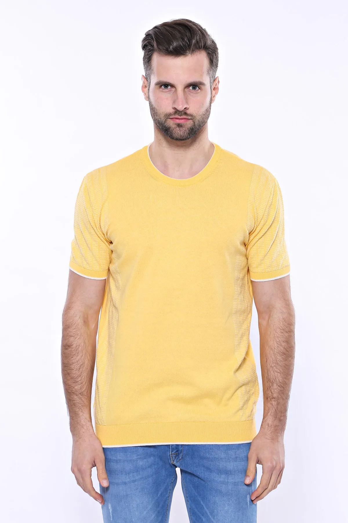 Circle Neck Patterned Yellow Knitted T-Shirt - Wessi sold by Wessi product image thumbnail 3