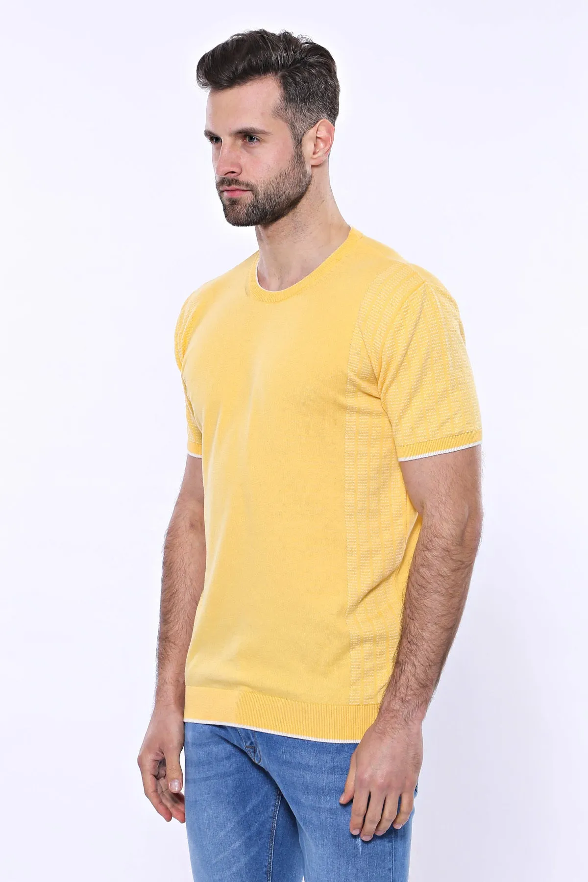 Circle Neck Patterned Yellow Knitted T-Shirt - Wessi sold by Wessi product image thumbnail 4