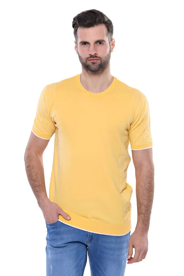 Circle Neck Patterned Yellow Knitted T-Shirt - Wessi sold by Wessi