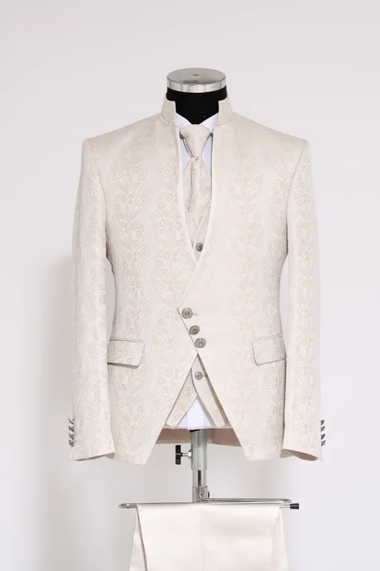 3-Piece Mandarin Collar Patterned Asymmetric Cut Ivory Men's Tuxedo - Wessi sold by Wessi