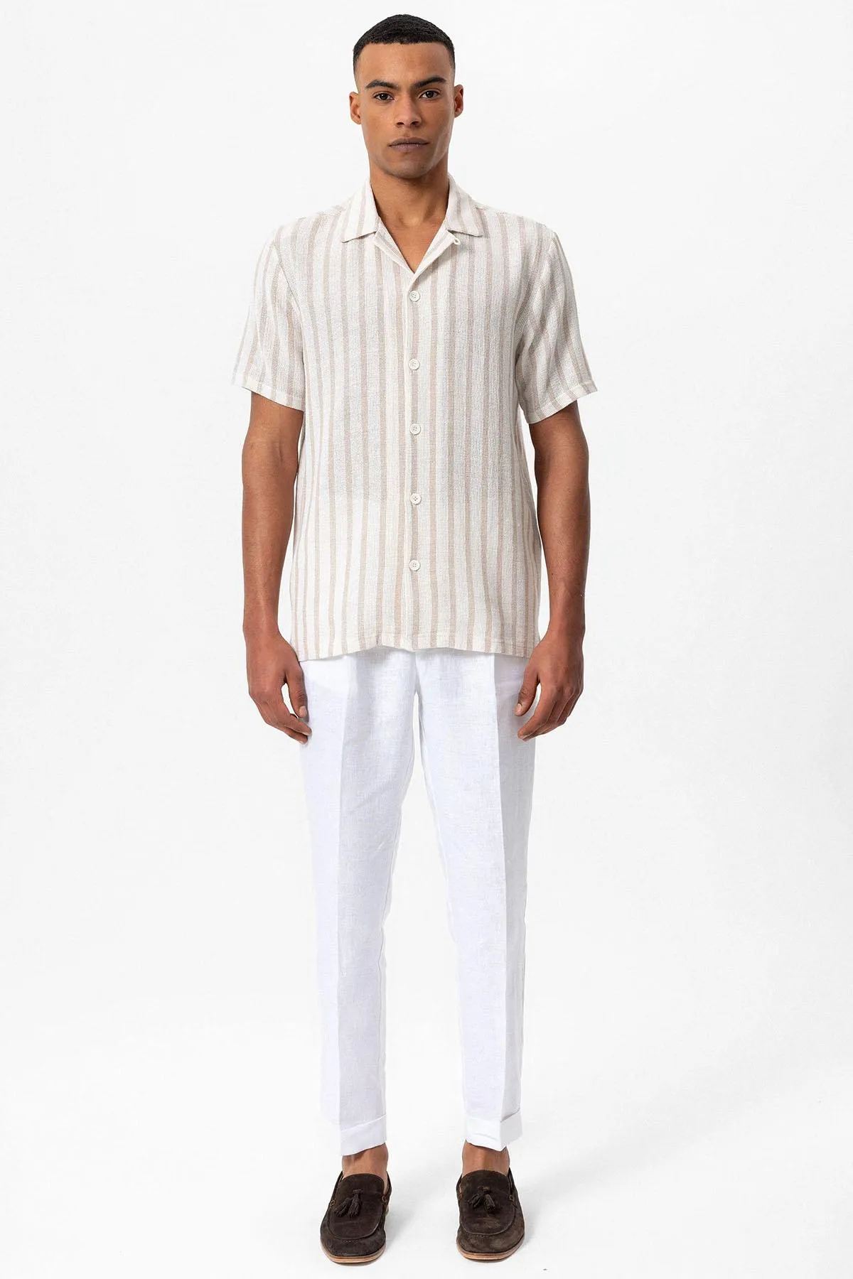 Beige Camp Collar Knitted Short Sleeve Men's Shirt - Wessi sold by Wessi product image thumbnail 4