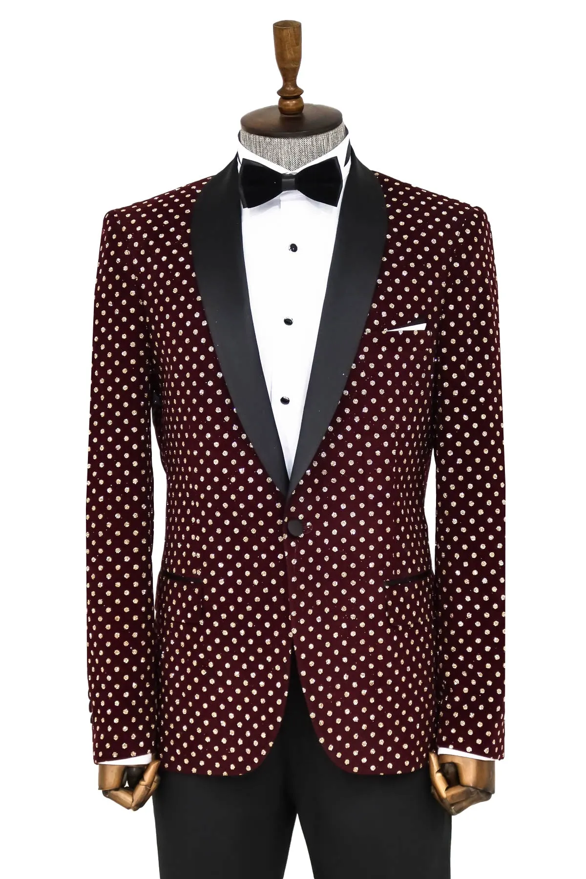 Dot Patterned Slim Fit Burgundy Men Dinner Jacket - Wessi sold by Wessi