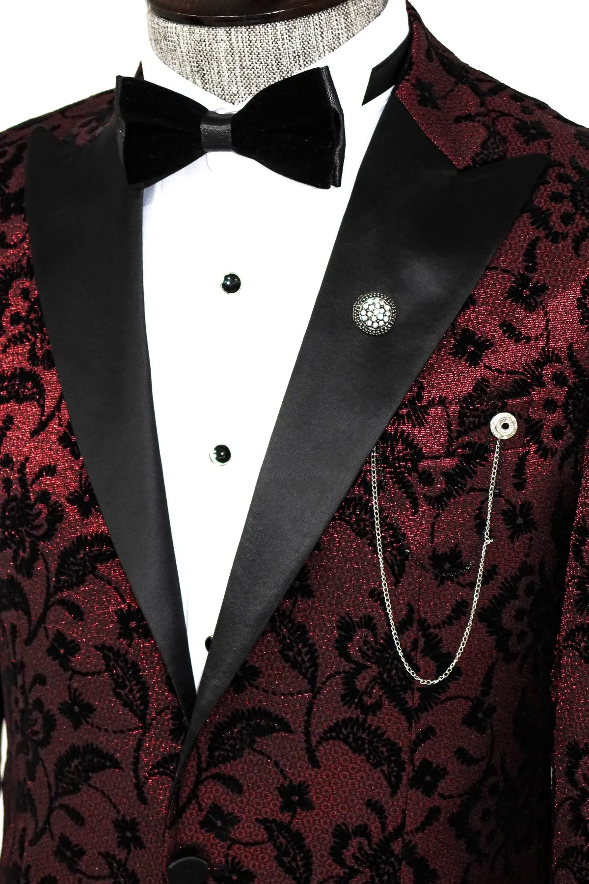 Floral Patterned Peak Lapel Burgundy Men Party Blazer - Wessi sold by Wessi product image thumbnail 2