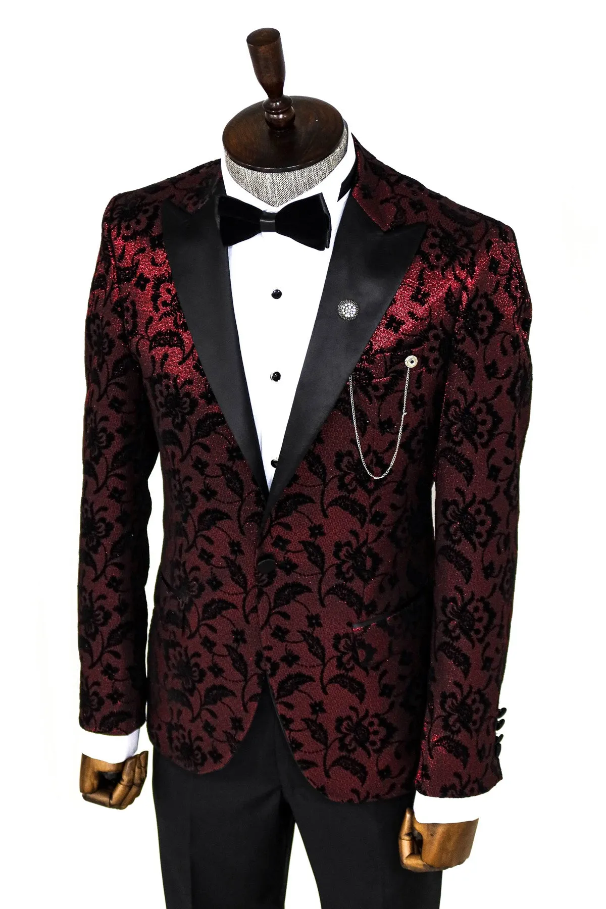 Floral Patterned Peak Lapel Burgundy Men Party Blazer - Wessi sold by Wessi product image thumbnail 3