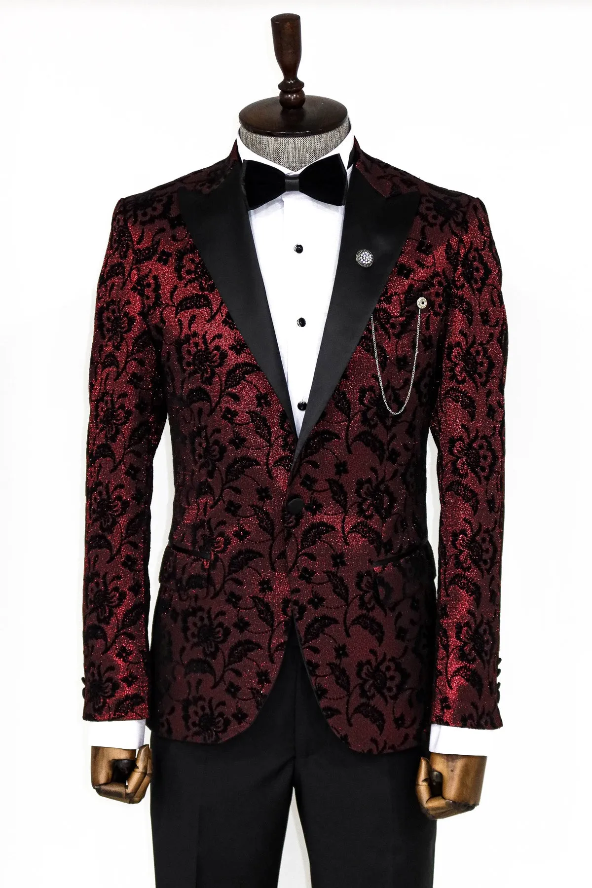 Floral Patterned Peak Lapel Burgundy Men Party Blazer - Wessi sold by Wessi