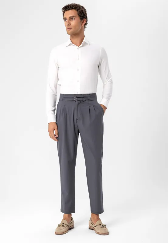 Men's Dark Grey High Waist Buckle Belt Pleated Fabric Trousers - Wessi sold by Wessi
