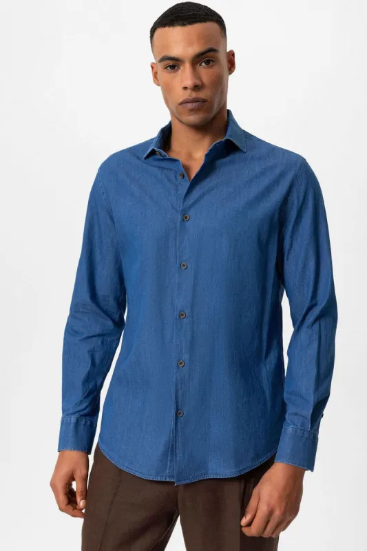 Men's Blue Long-Sleeve Denim Shirt - Wessi sold by Wessi
