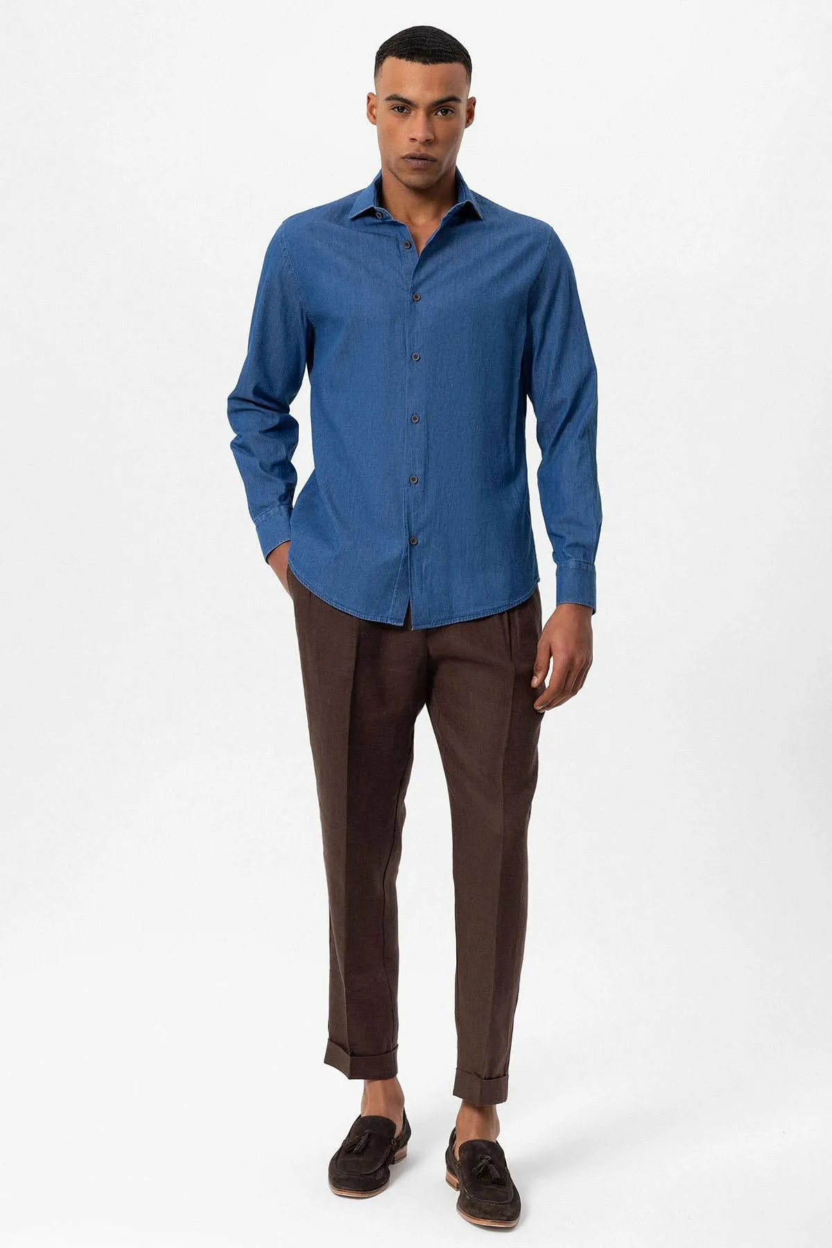 Men's Blue Long-Sleeve Denim Shirt - Wessi sold by Wessi product image thumbnail 3