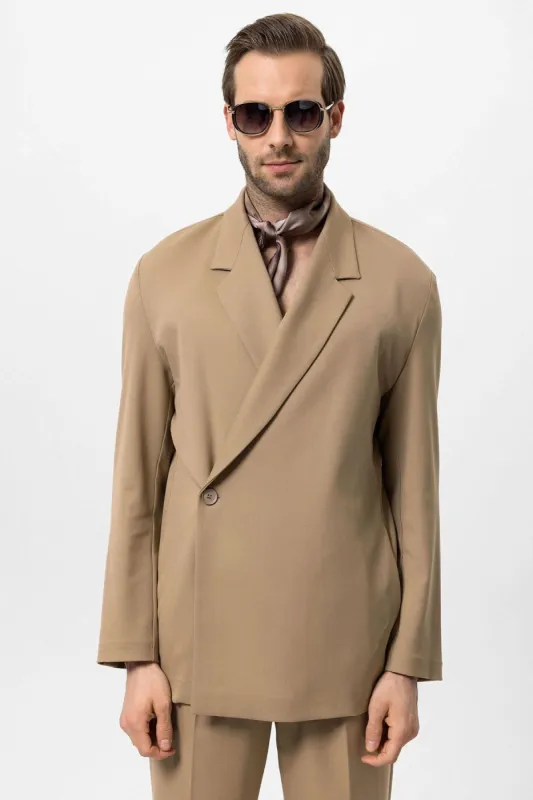 Men's Camel Double-Breasted Hidden Pocket  Blazer - Wessi sold by Wessi