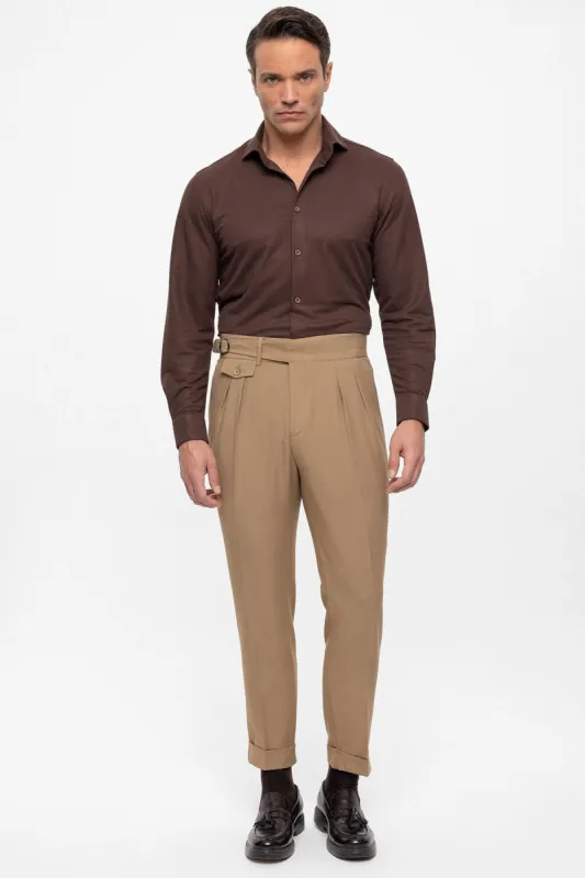 Men's Camel High Waist (Boyfriend) Pleated Fabric Trousers With Buckle Belt - Wessi sold by Wessi