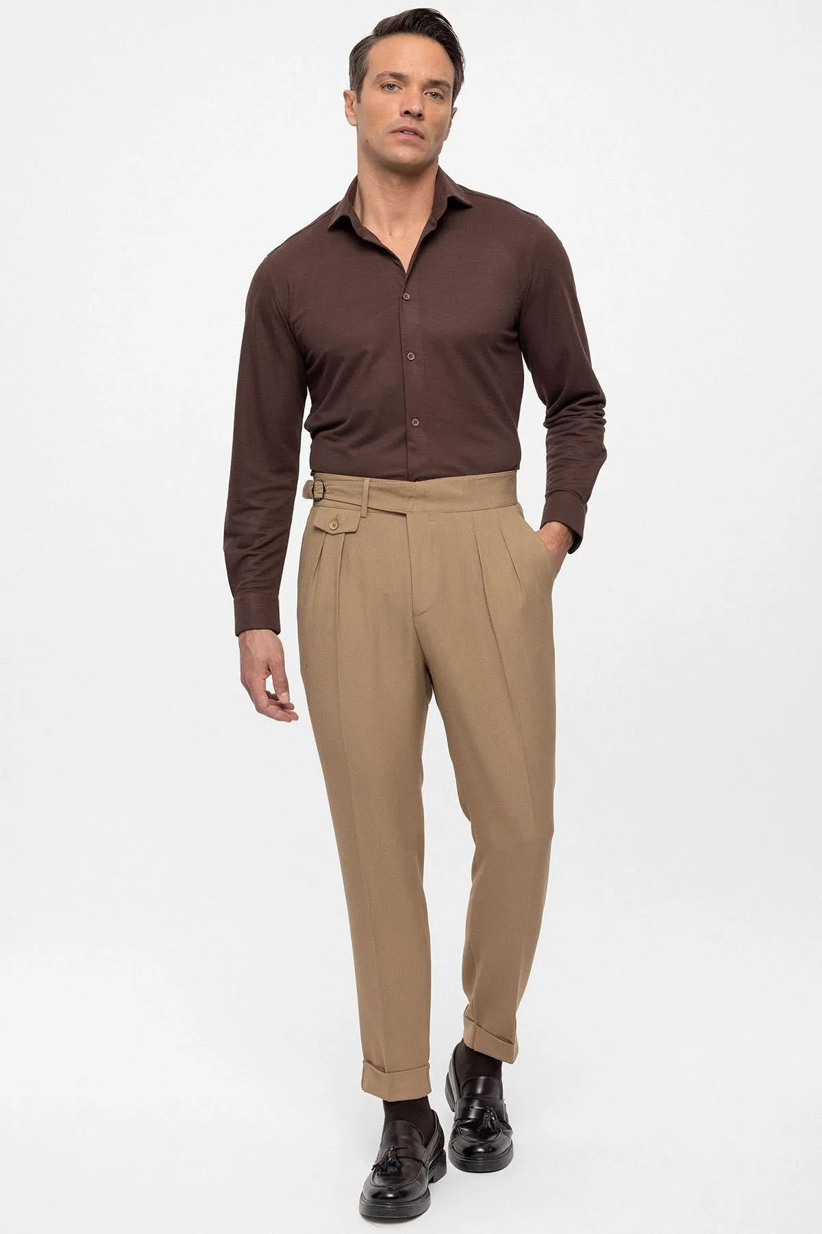 Men's Camel High Waist (Boyfriend) Pleated Fabric Trousers With Buckle Belt - Wessi sold by Wessi product image thumbnail 2