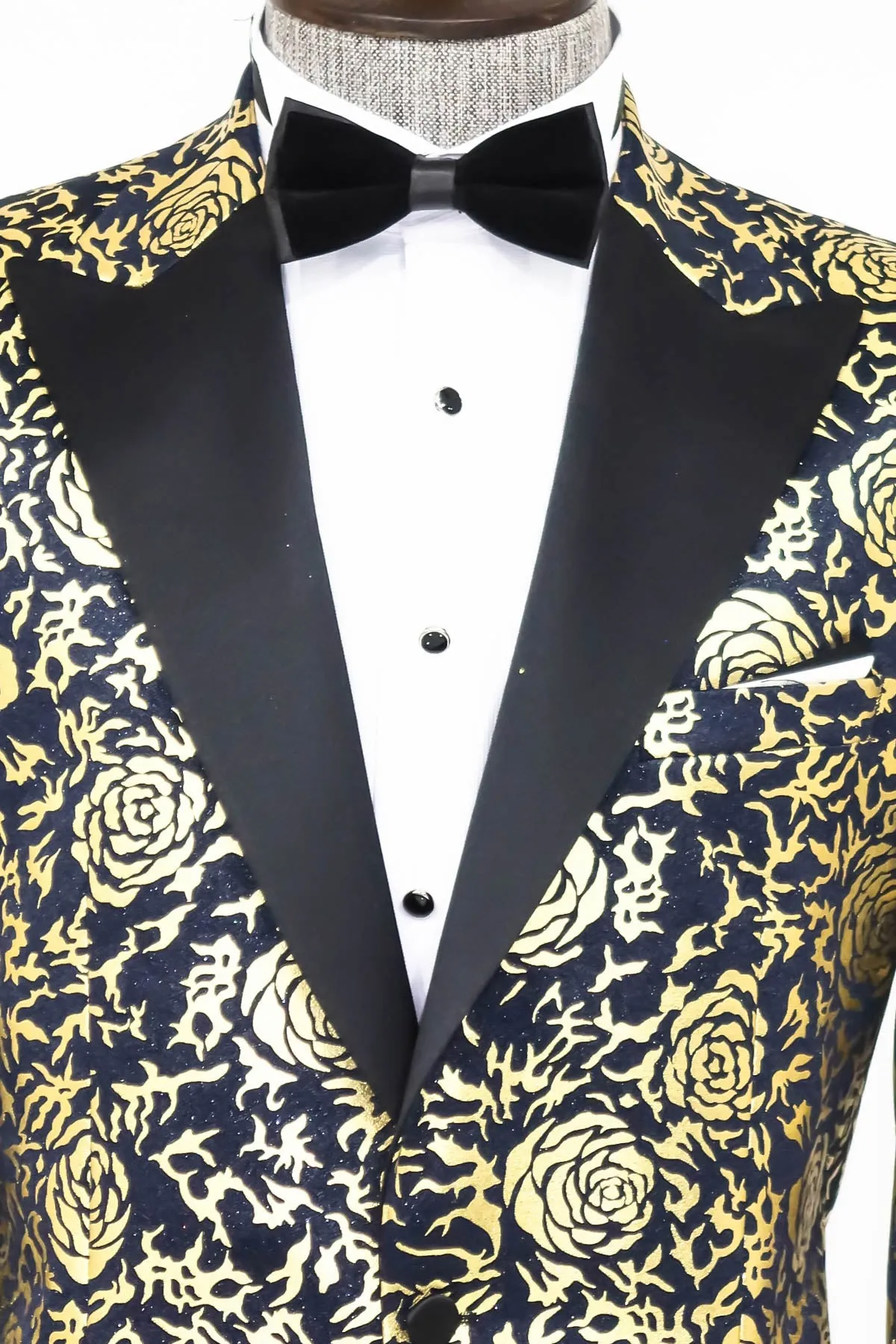 Gold Rose Patterned Slim Fit Navy Blue Men Party Blazer - Wessi sold by Wessi product image thumbnail 4