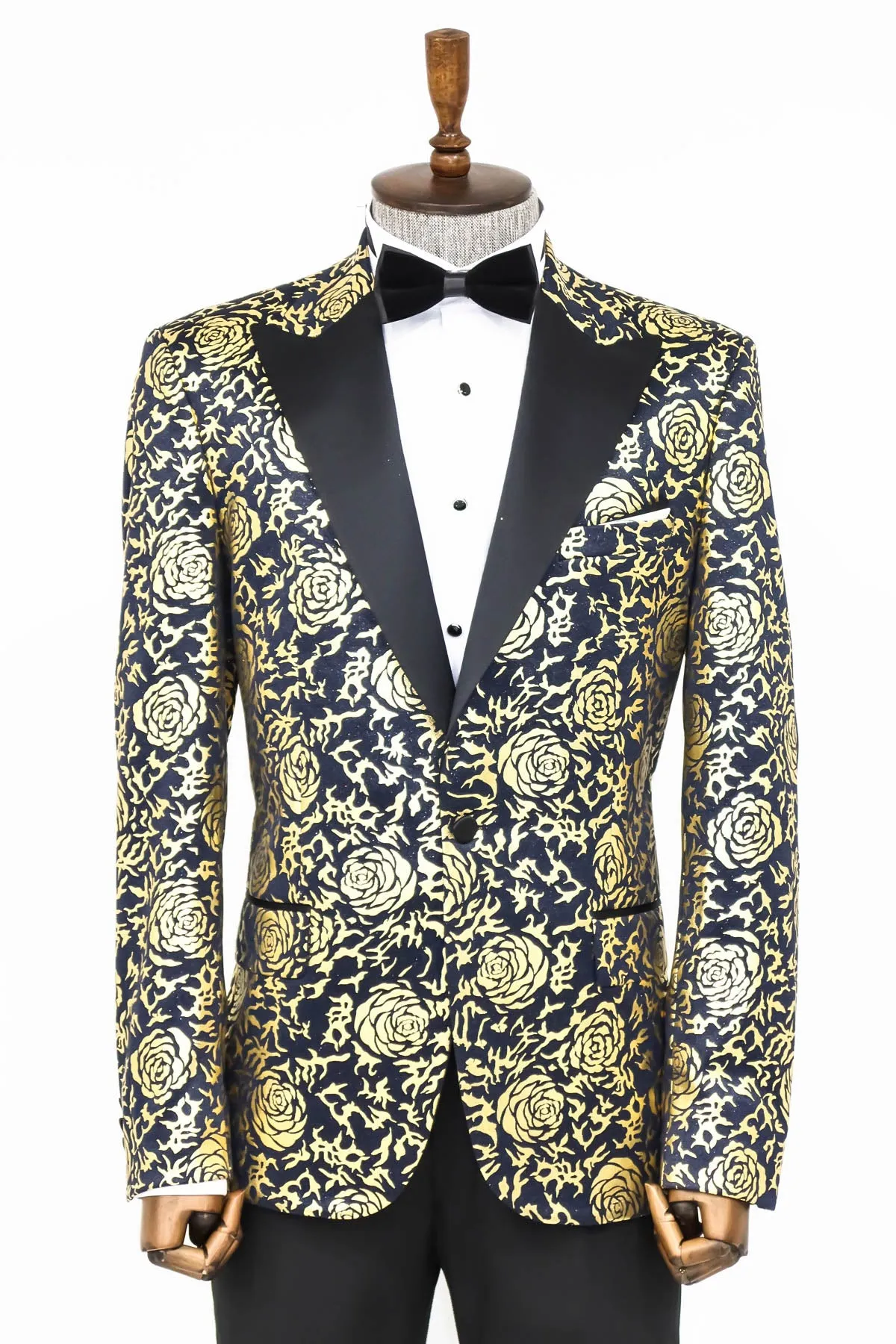 Gold Rose Patterned Slim Fit Navy Blue Men Party Blazer - Wessi sold by Wessi