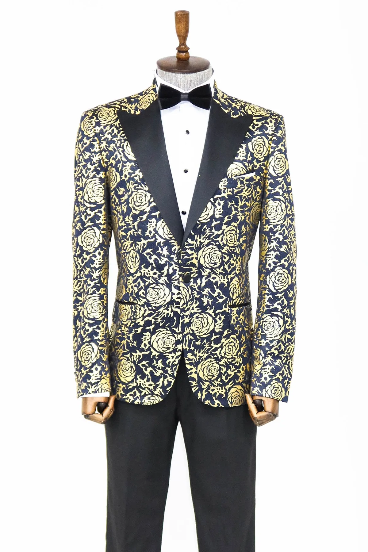 Gold Rose Patterned Slim Fit Navy Blue Men Party Blazer - Wessi sold by Wessi product image thumbnail 3