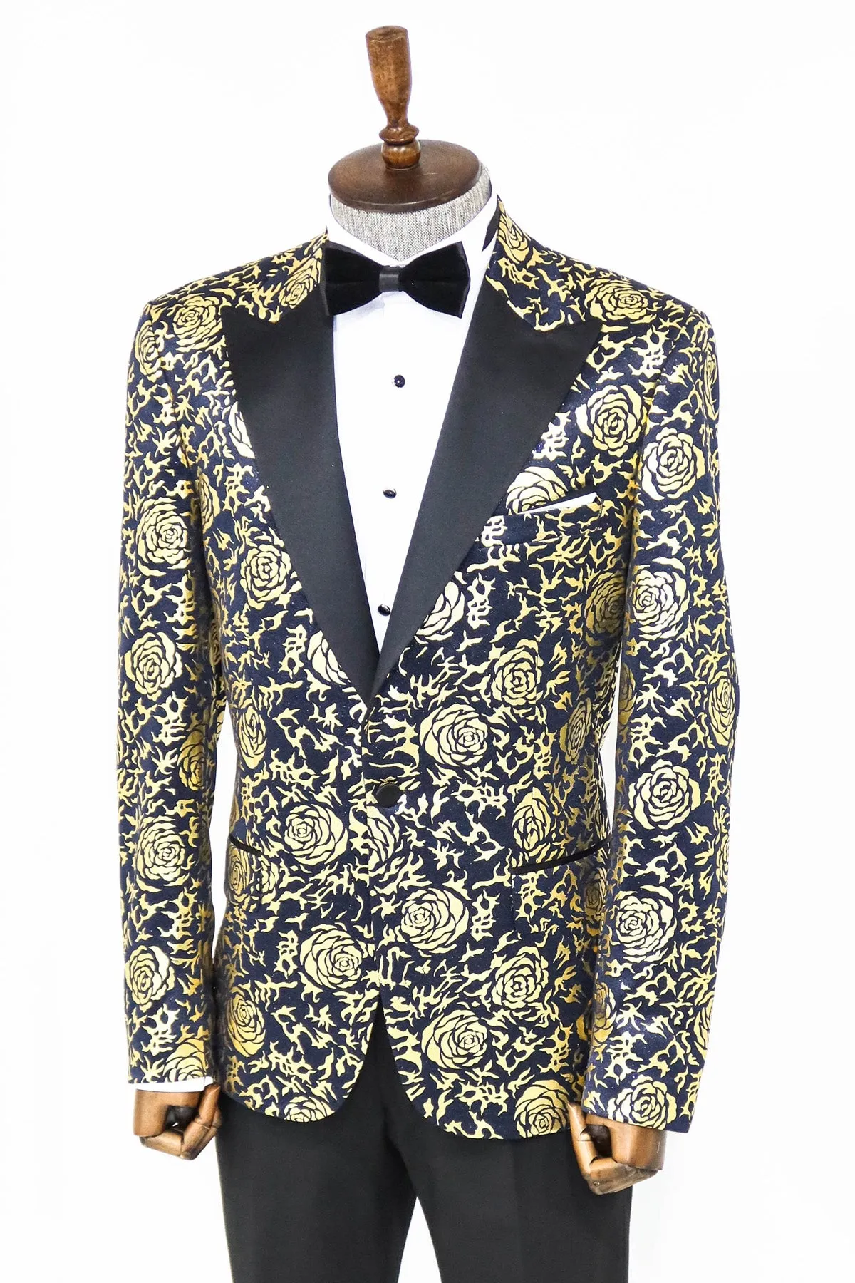 Gold Rose Patterned Slim Fit Navy Blue Men Party Blazer - Wessi sold by Wessi product image thumbnail 5
