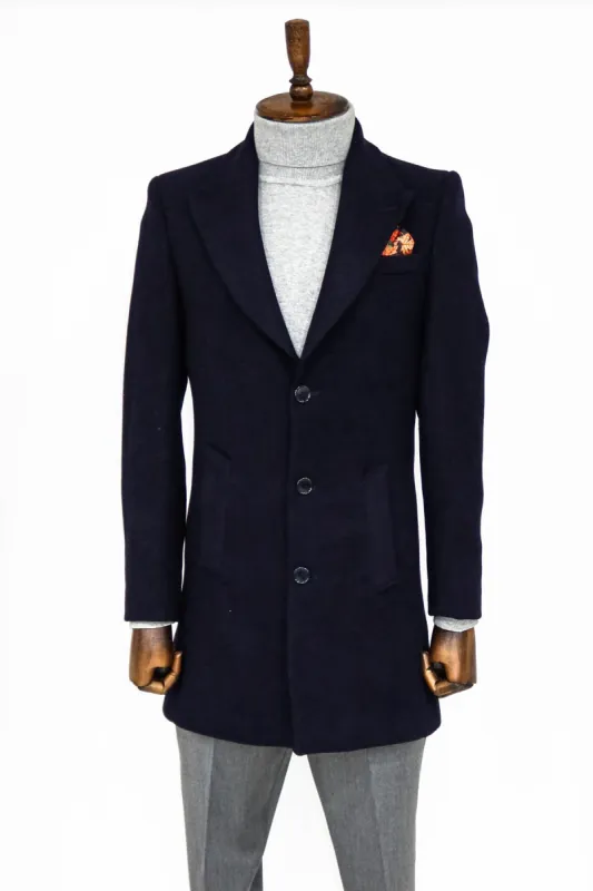 Wide Lapel Wool Navy Blue Men Coat - Wessi sold by Wessi