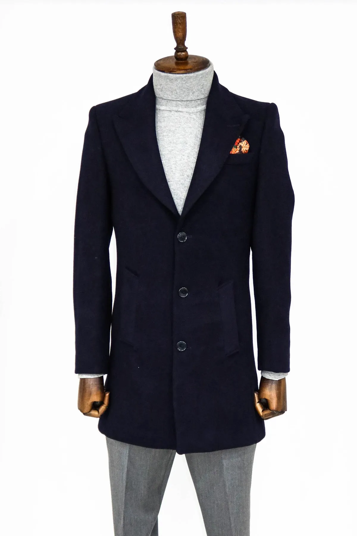 Wide Lapel Wool Navy Blue Men Coat - Wessi sold by Wessi